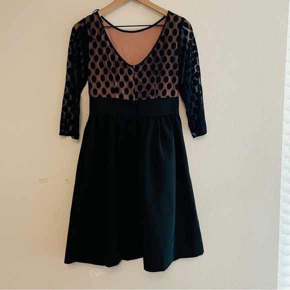 ELIZA J Black Mesh Polka Dot Top 3/4 Sleeve Mini Dress Size 4 - Picture 2 of 7